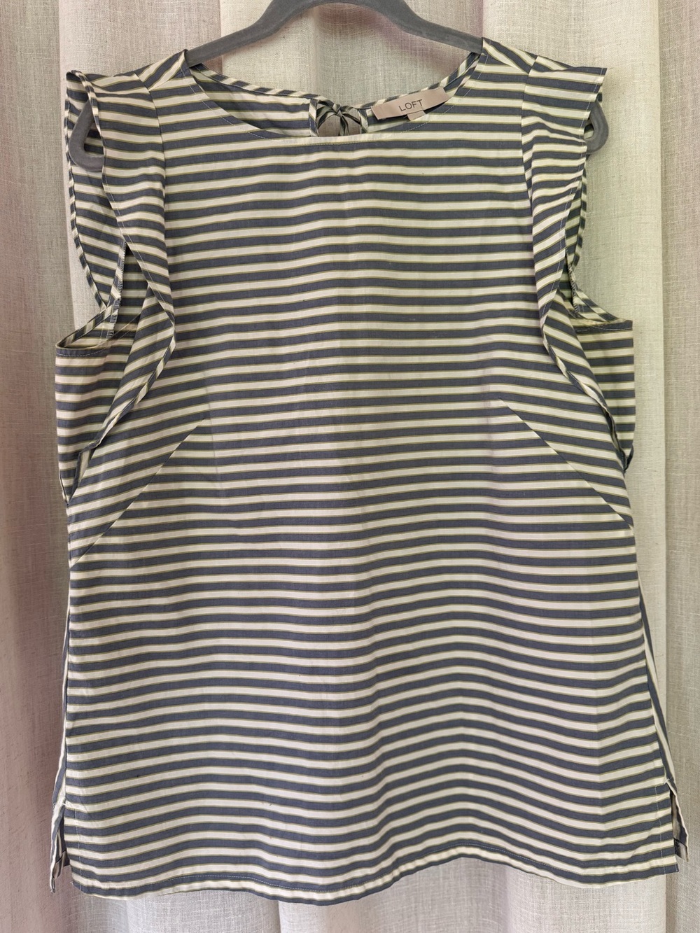 LOFT Striped Shell Ruffle Top in Navy, White & Olive 100% Cotton Size Medium